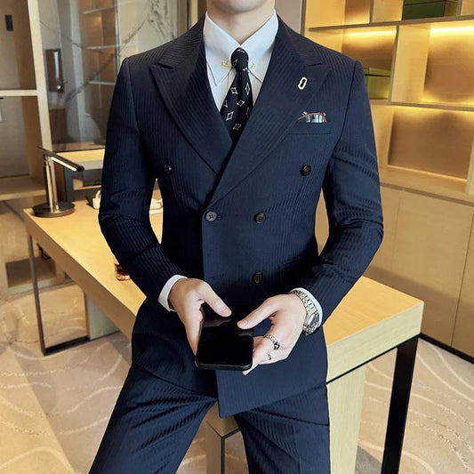 2024 High - quality Korean Version Slim (suit + Vest + Trousers) Stylish and Handsome Striped Double - breasted Suit Three - piece Set - SHOWLU FASHION STORE