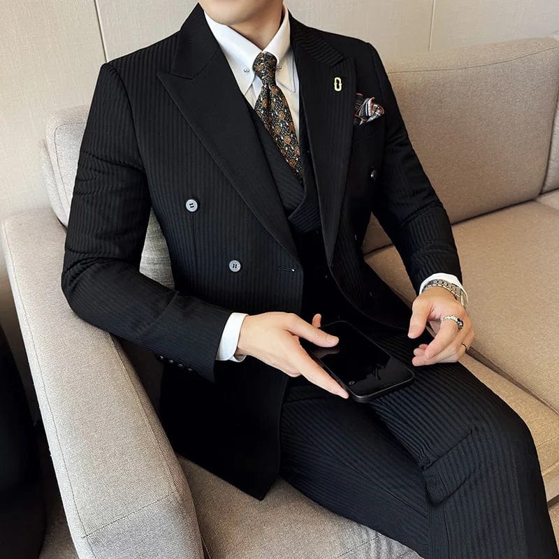 2024 High - quality Korean Version Slim (suit + Vest + Trousers) Stylish and Handsome Striped Double - breasted Suit Three - piece Set - SHOWLU FASHION STORE