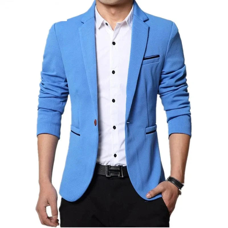 Slim fit men's blazer jacket in black, blue, and red by SHOWLU FASHION STORE, featuring smart casual style and available in plus sizes.