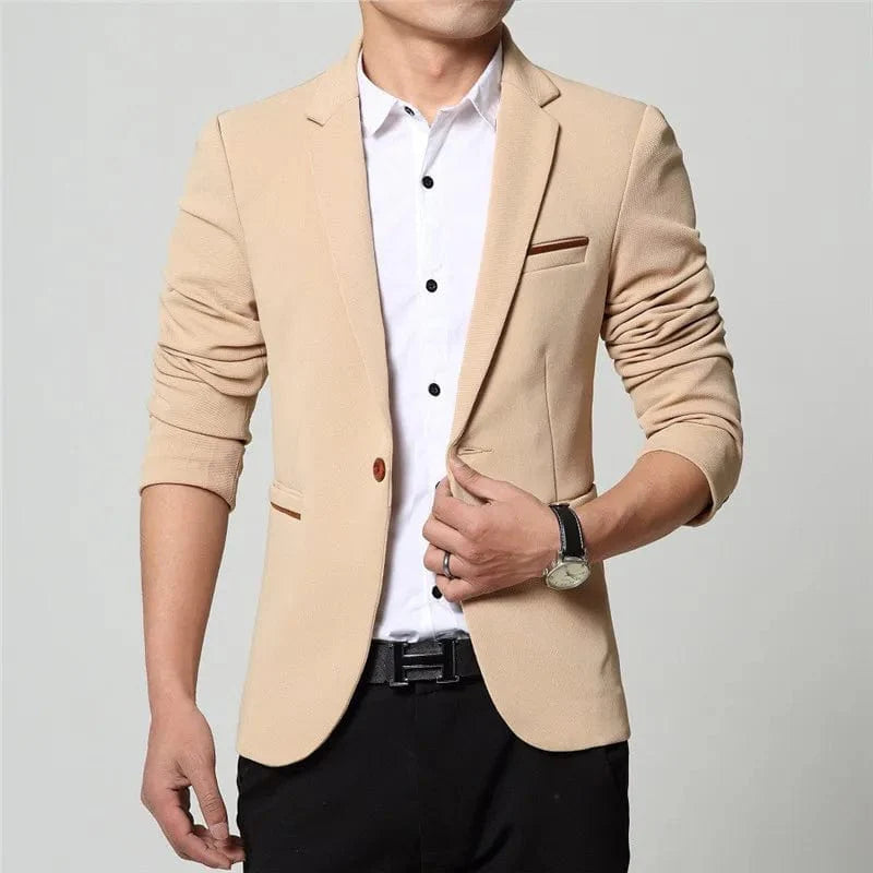 Men's slim fit casual blazer jacket in black, blue, and red from SHOWLU FASHION STORE, stylish for smart occasions and weddings.