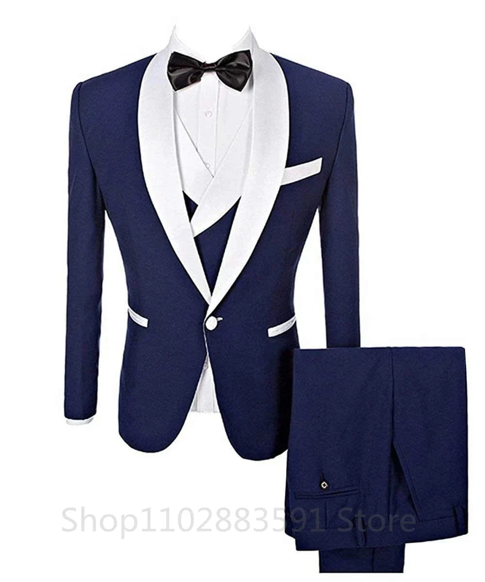 Men's slim fit 3-piece prom tuxedo with shawl lapel, blazer, vest, and trousers, ideal for wedding and formal occasions.