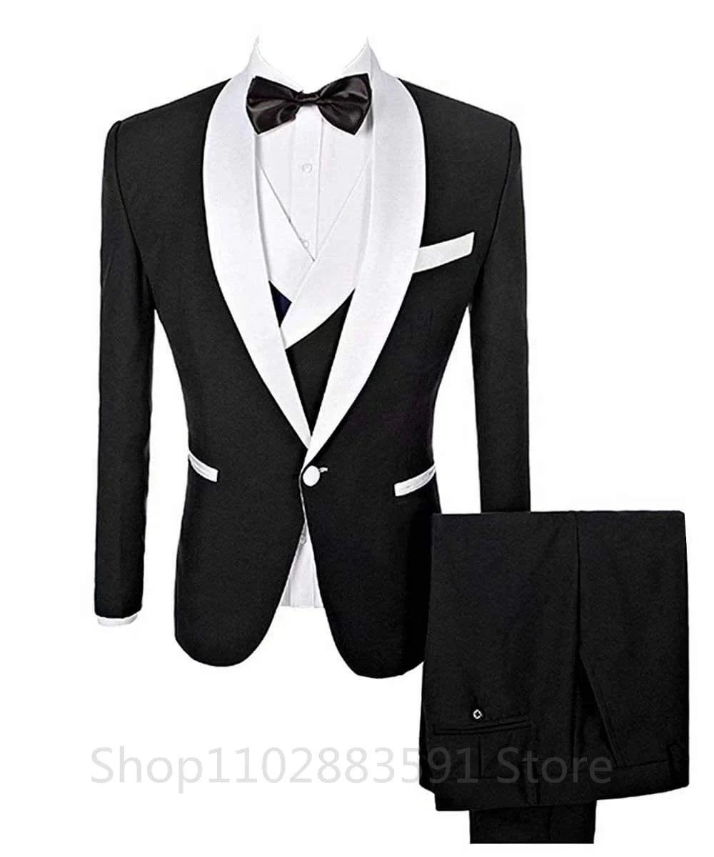 Showlu Men's 3-Piece Slim Fit Prom Tuxedo with shawl lapel, blazer, vest, and pants, ideal for weddings and formal occasions.