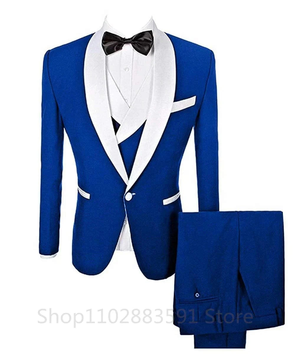 Showlu Men's 3-Piece Slim Fit Prom Tuxedo with shawl lapel, blazer, vest, and pants, ideal for weddings and formal events.