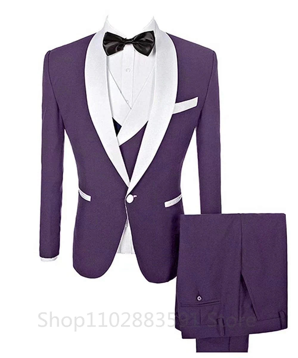 Showlu men's 3-piece slim fit prom tuxedo with shawl lapel, includes blazer, vest, and pants, ideal for wedding and formal events.