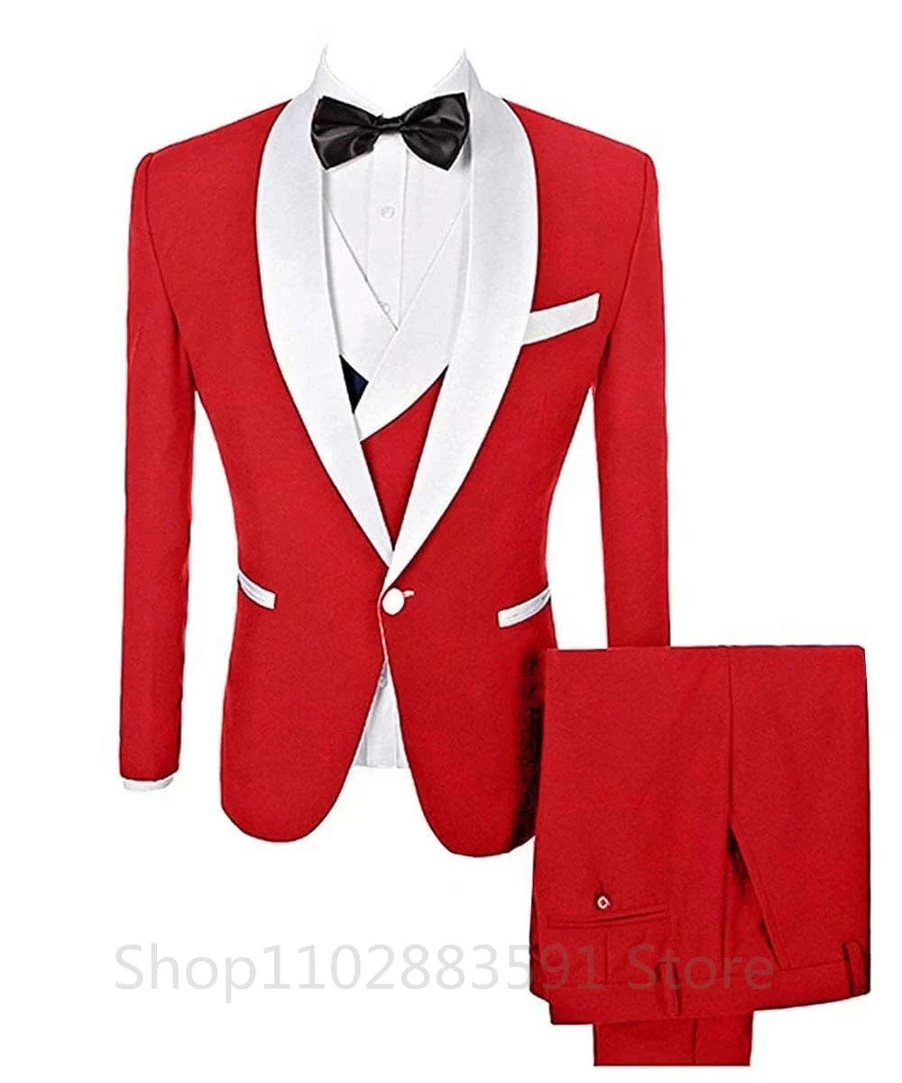 Showlu Men's 3-Piece Slim Fit Prom Tuxedo with shawl lapel, includes blazer, vest, and pants, ideal for wedding or prom events.