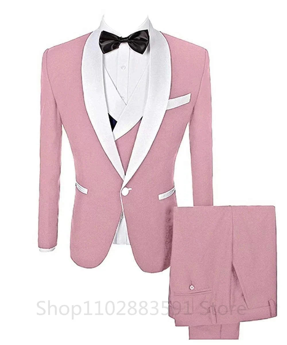 Showlu Men's 3-Piece Slim Fit Prom Tuxedo with shawl lapel, blazer, vest, and pants, ideal for weddings and formal events.