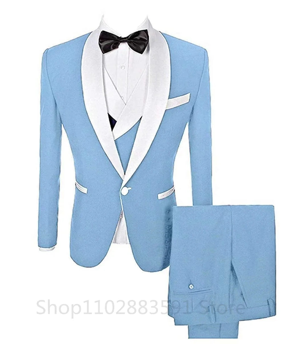 Showlu Men's 3-Piece Slim Fit Prom Tuxedo with shawl lapel, blazer, vest, and pants, ideal for wedding and formal occasions.
