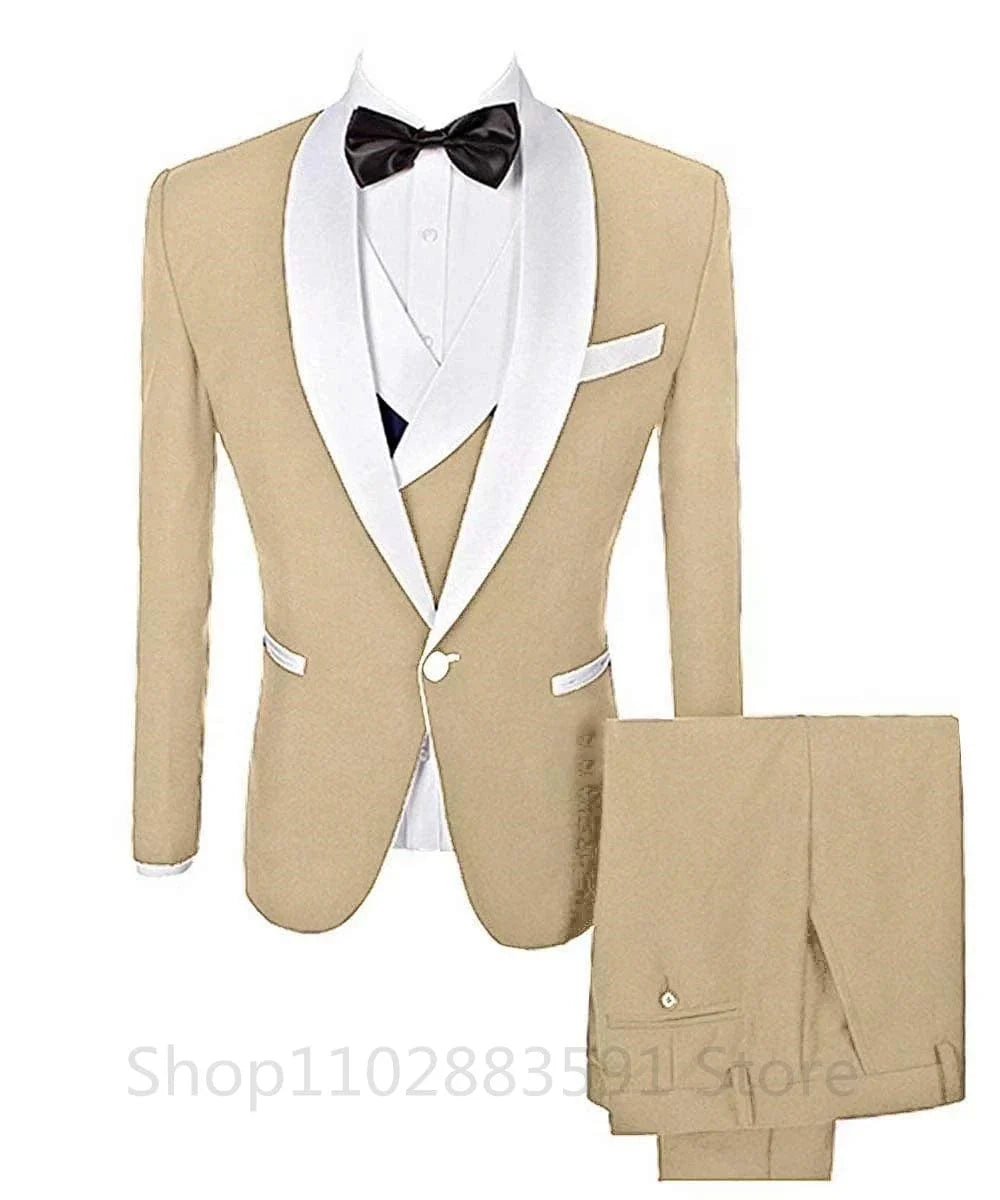 Showlu Men's 3-Piece Slim Fit Prom Tuxedo with Shawl Lapel, includes blazer, vest, and pants, ideal for wedding and formal events.