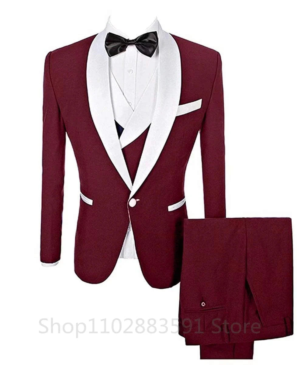 Men's 3-piece slim fit prom tuxedo with shawl lapel, blazer, vest, and pants, ideal for weddings and formal events.