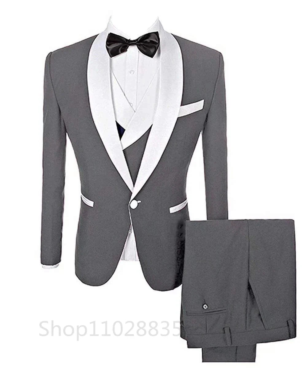 Showlu men's 3-piece slim fit prom tuxedo with shawl lapel, blazer, vest, and pants for wedding or formal events.