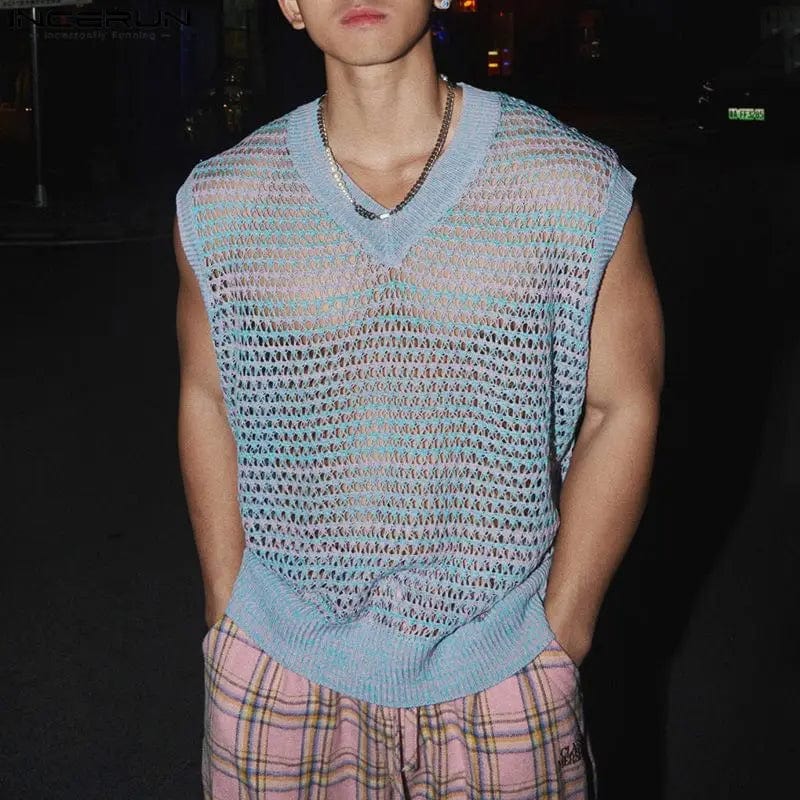 Men's mesh tank top with V-neck, transparent design, sleeveless summer vest, sexy streetwear style by INCERUN.