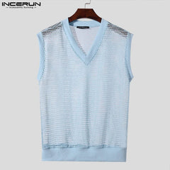 2024 Men Tank Tops Solid Color Mesh Transparent V Neck Sleeveless Summer Male Vests Streetwear Sexy Fashion Men Clothing INCERUN - SHOWLU FASHION STORE