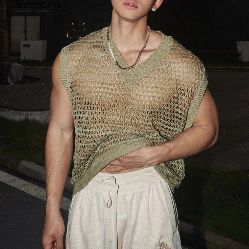 Incerun men's mesh tank top with V-neck, sleeveless, transparent summer vest, stylish streetwear for men