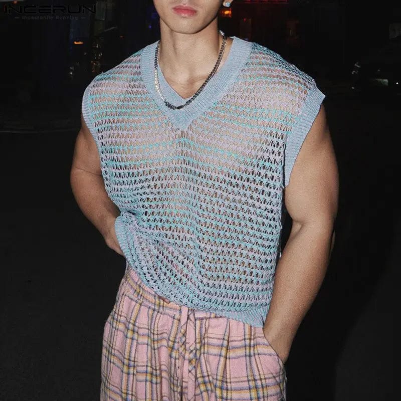 Incerun men's mesh tank top with V-neck, sleeveless, transparent summer vest, stylish streetwear for men.