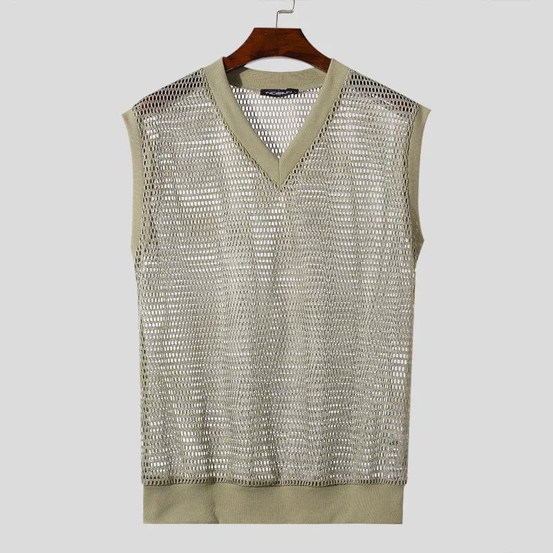 Men's mesh tank top with V-neck, sleeveless, transparent design, from INCERUN by SHOWLU FASHION STORE, ideal for summer streetwear.