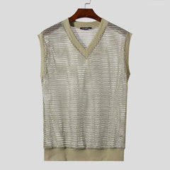 2024 Men Tank Tops Solid Color Mesh Transparent V Neck Sleeveless Summer Male Vests Streetwear Sexy Fashion Men Clothing INCERUN - SHOWLU FASHION STORE