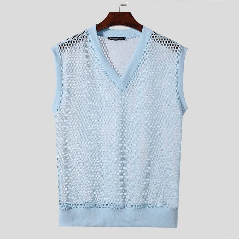 Men's mesh tank top with V-neck, sleeveless, transparent design, perfect for summer streetwear and casual fashion by INCERUN.