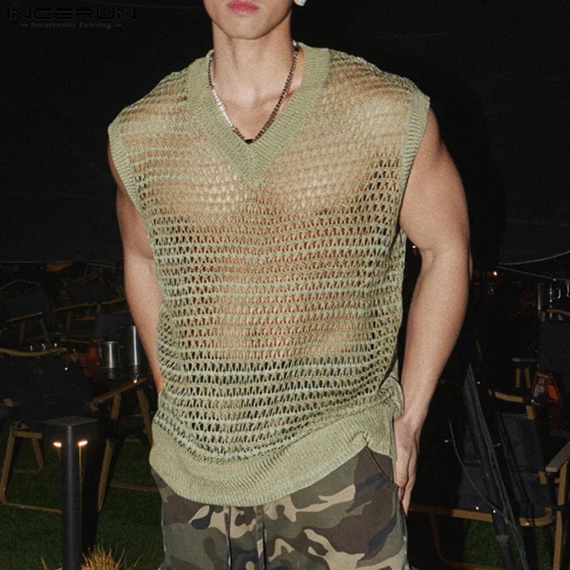 Men's mesh tank top with V-neck, transparent sleeveless design, ideal for summer streetwear and casual fashion by INCERUN.