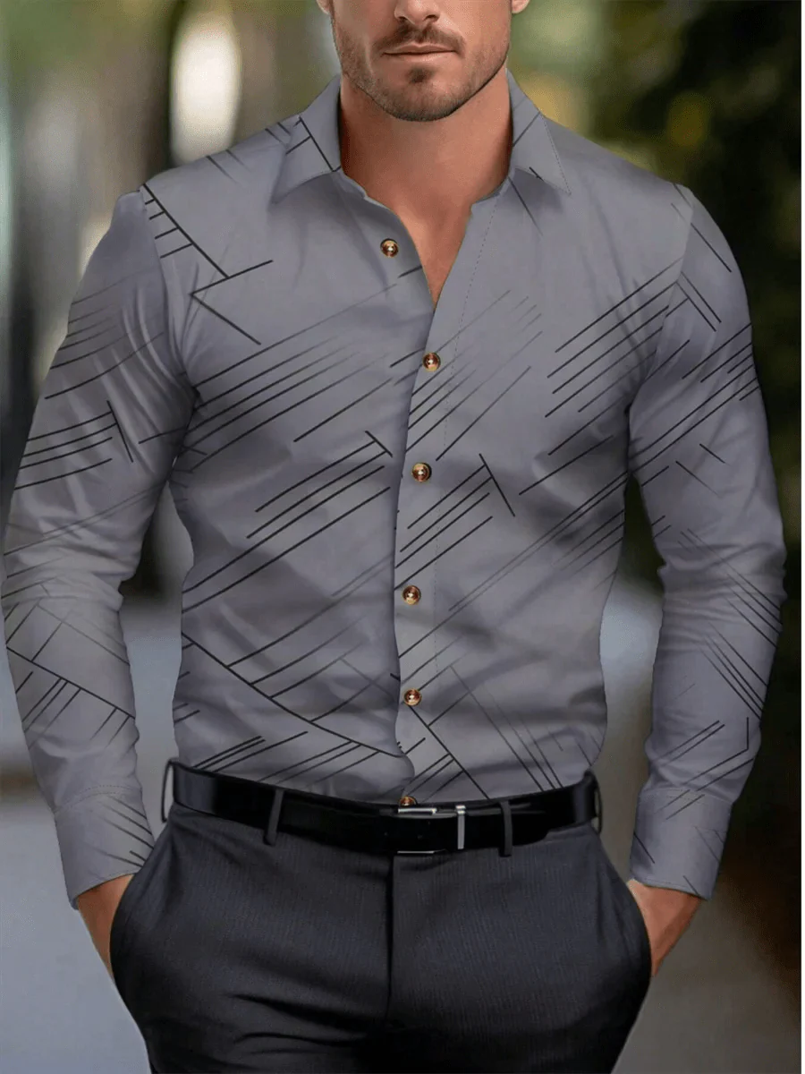 SHOWLU Men's striped long sleeve Hawaiian dress shirt with lapel, casual button-up style, available in multiple colors for vacation and casual wear.