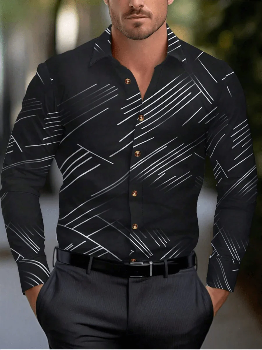 SHOWLU Men's striped long sleeve Hawaiian dress shirt with lapel, casual button-up style in multiple colors, perfect for vacation or casual wear