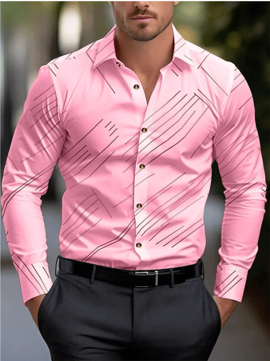 SHOWLU Men's striped long sleeve Hawaiian dress shirt with lapel, casual button-up style, available in multiple colors for vacation or casual wear.