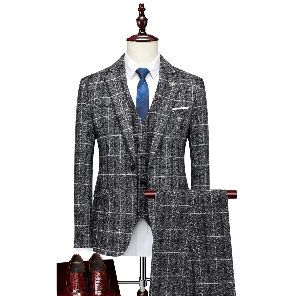 Showlu Men's slim fit three-piece suit with single-breasted tuxedo jacket, vest, and trousers, ideal for weddings and formal events.