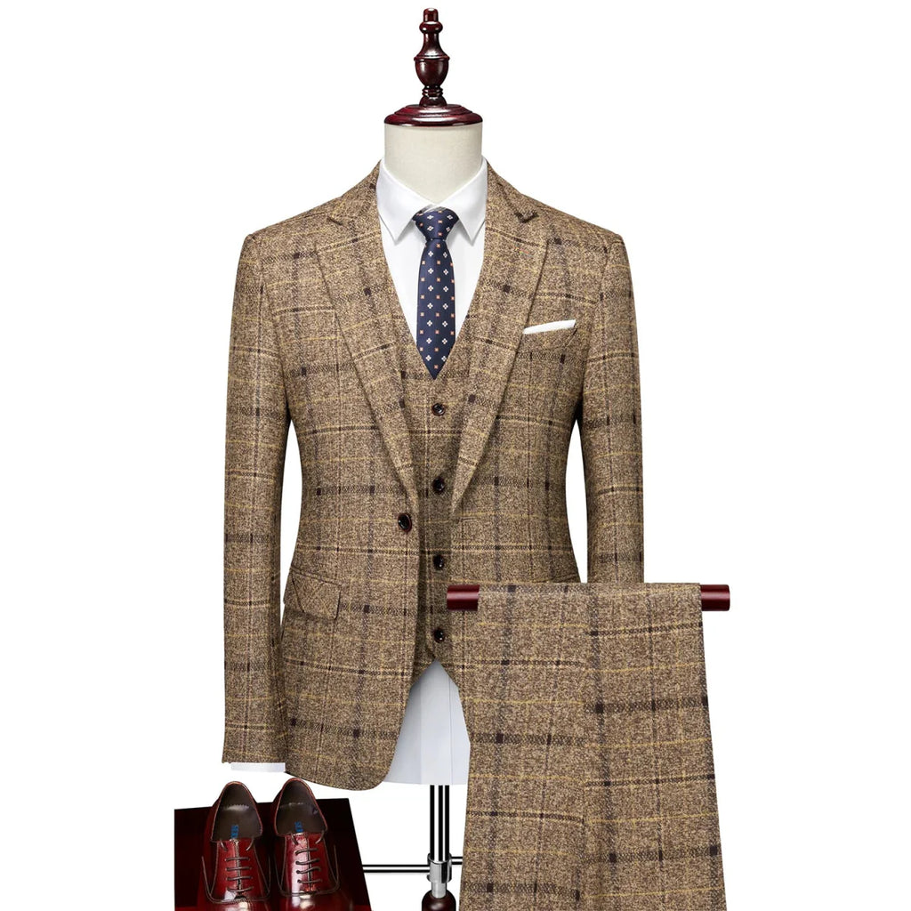 Men's slim fit three-piece suit featuring a single-breasted tuxedo vest and trousers, ideal for wedding or formal occasions.