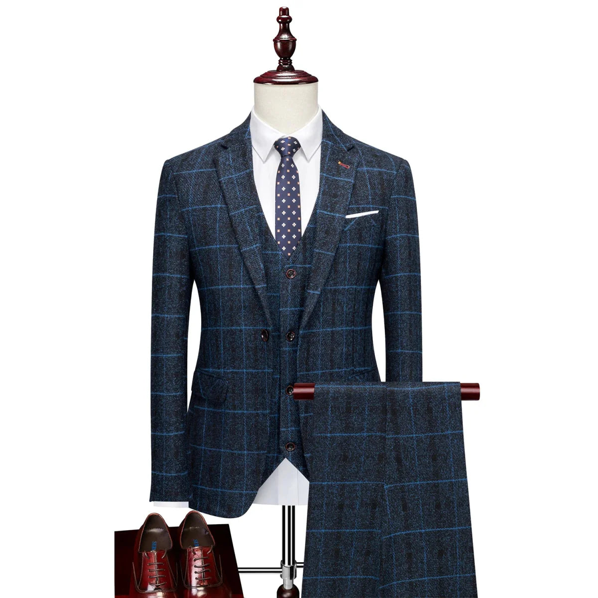Showlu men's slim fit three-piece wedding tuxedo with single-breasted jacket, vest, and trousers, ideal for formal occasions.