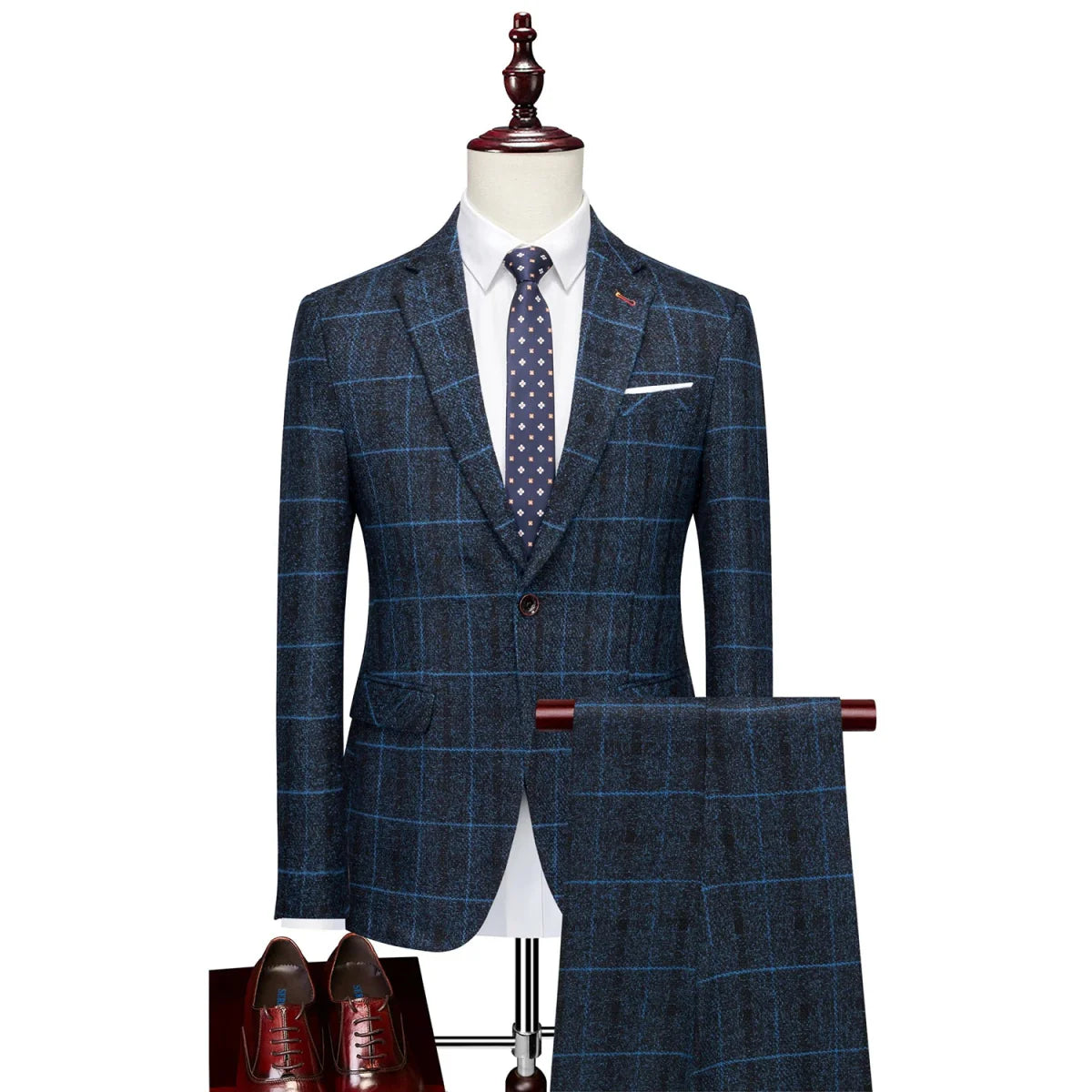 Showlu men's slim fit three-piece suit with single-breasted tuxedo jacket, vest, and trousers, ideal for wedding and formal occasions.