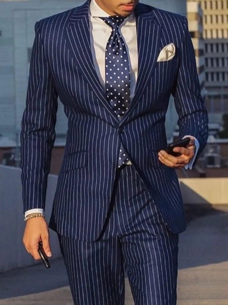 2024 Navy Blue 2 Piece Slim Fit Business Men Suit Stripe Groom Wedding Tuxedo Custom Skinny Prom Wedding Business Suit - SHOWLU FASHION STORE