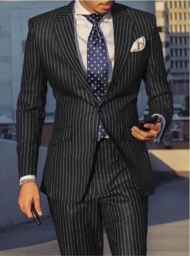 Navy blue stripe slim fit men's suit with matching jacket and trousers, suitable for business, weddings, or formal events.