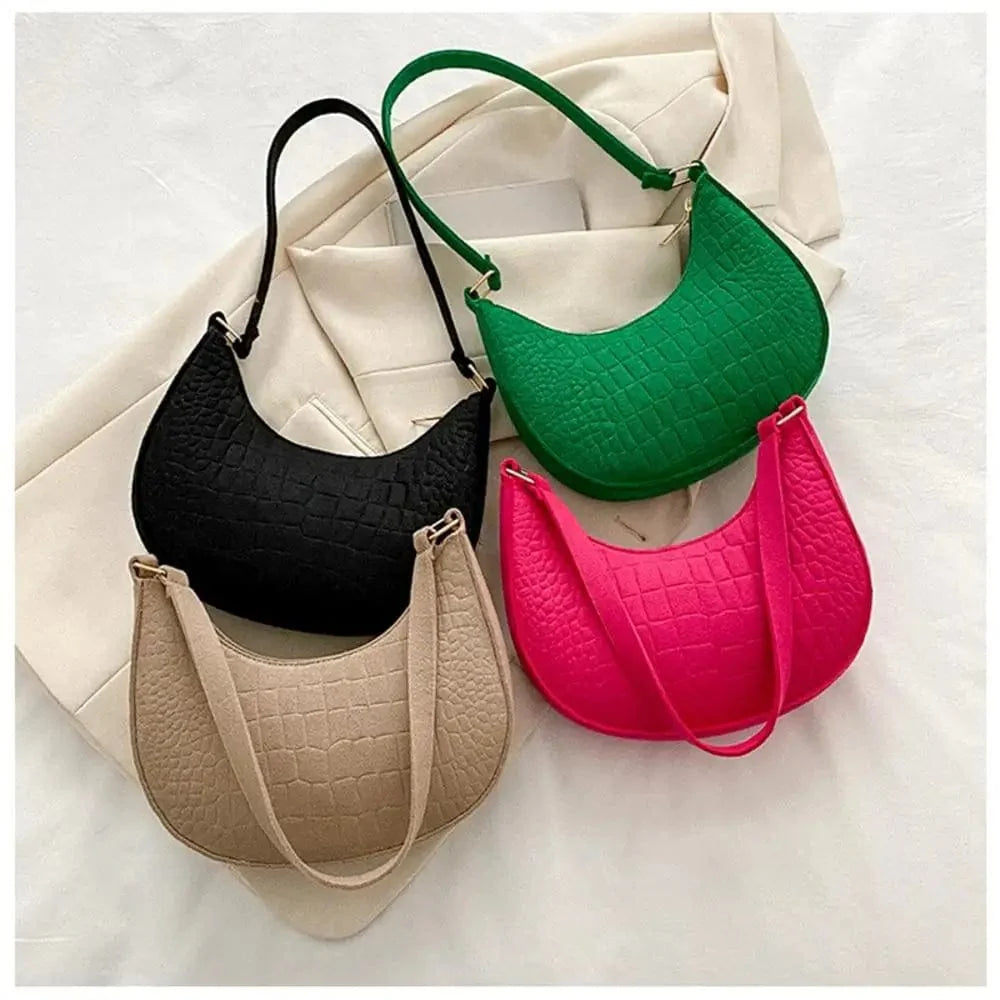 SHOWLU FASHION women's felt alligator pattern shoulder bag with small handle, underarm style, crescent shape, and pouch design.