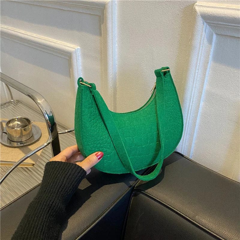 SHOWLU FASHION women's felt underarm shoulder bag with alligator pattern, small handle, crescent shape, and stylish design.