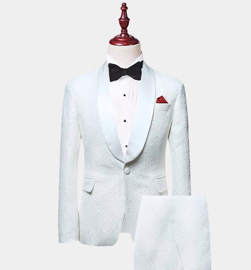 2024 New Arrival White Paisley Mens Suits Groom Tuxedos Groomsmen Wedding Party Dinner Best Man Suits (Coat+Pants+Bow) - SHOWLU FASHION STORE