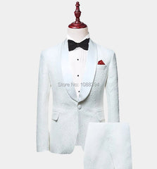 2024 New Arrival White Paisley Mens Suits Groom Tuxedos Groomsmen Wedding Party Dinner Best Man Suits (Coat+Pants+Bow) - SHOWLU FASHION STORE