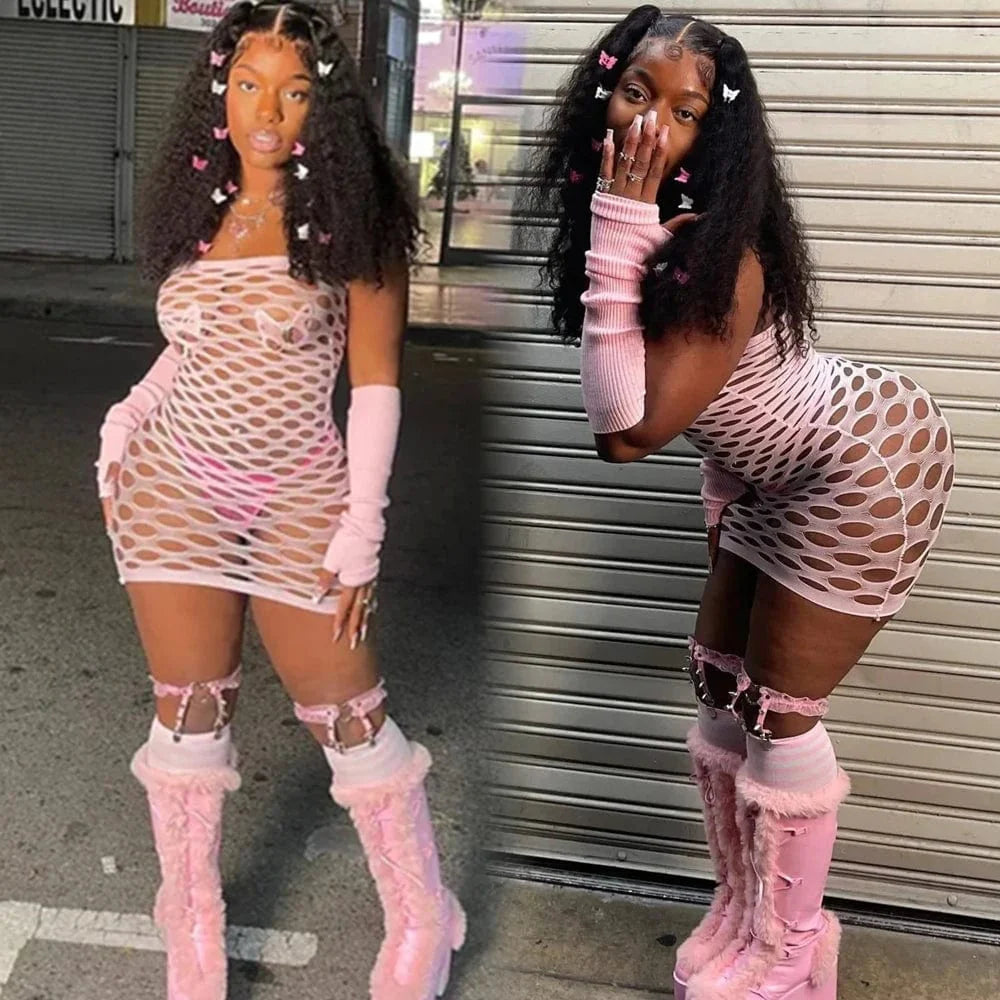 SHOWLU FASHION STORE women's sexy hollow out fishnet mini beach dress, see-through net skirt, slim fit for evening or club wear.