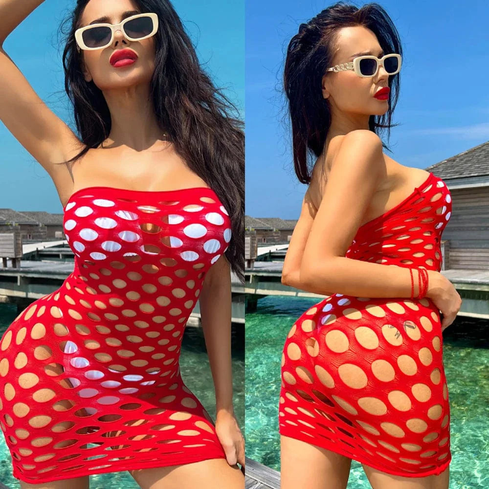 SHOWLU FASHION STORE women's sexy hollow-out fishnet mini beach dress with see-through design and slim fit, perfect for evening or party wear.