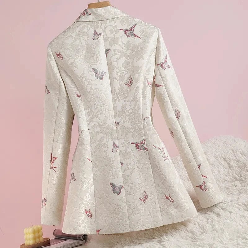 Women's floral print slim fit blazer by Showlu Fashion Store, elegant full-sleeve work jacket for business or casual wear.
