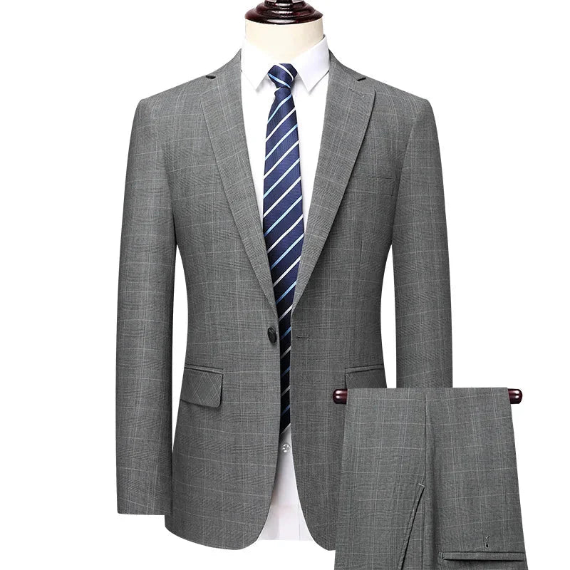 Men's skinny fit checkered business casual suit 2-piece set, featuring stylish trousers and blazer for formal or wedding occasions.