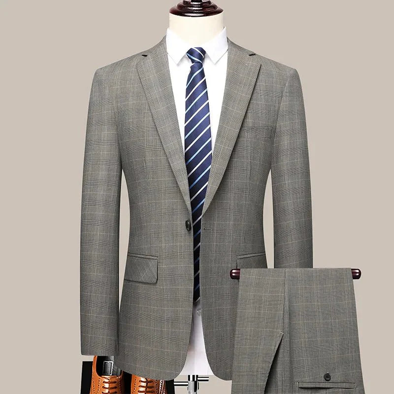 SHOWLU Men's skinny fit checkered business casual suit 2-piece set with trousers, suitable for weddings and formal occasions.