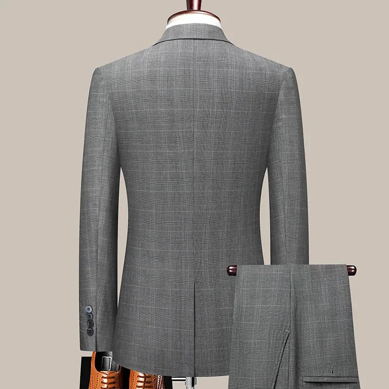 SHOWLU Men's skinny fit checkered business casual suit and trousers, stylish 2-piece set for formal and wedding occasions.