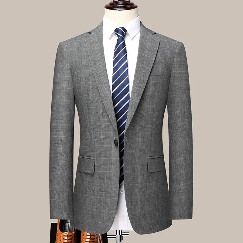 Men's skinny fit checkered business casual suit two-piece set from SHOWLU FASHION STORE, featuring tailored trousers and blazer in polyester fabric.