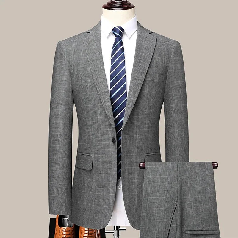 SHOWLU Men's skinny fit checkered business casual suit 2-piece set with trousers, suitable for weddings and trendy formal occasions.