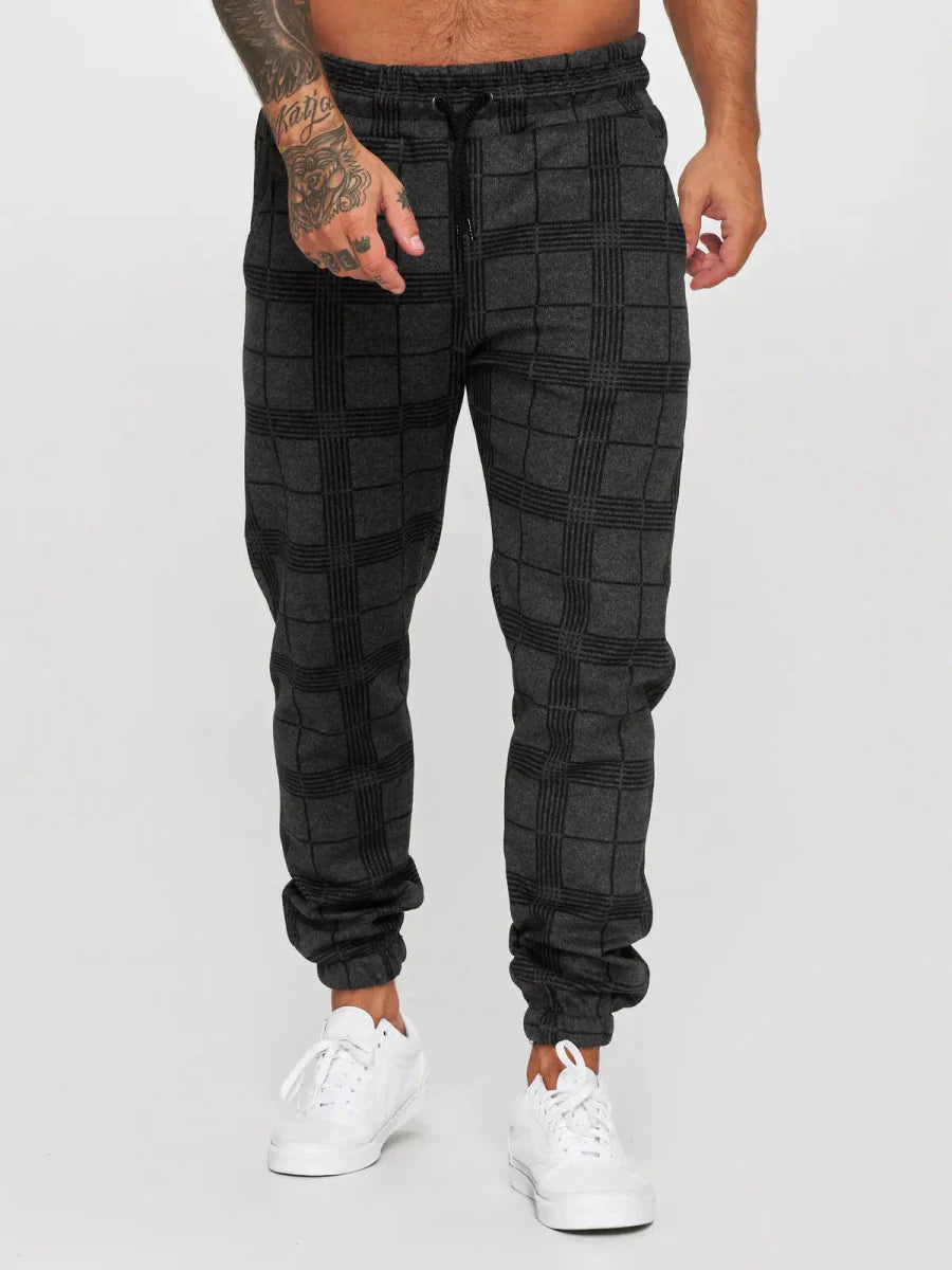 Men's plaid slim fit sweatpants with side stripes, mid-waist, casual summer trousers from Showlu Fashion.