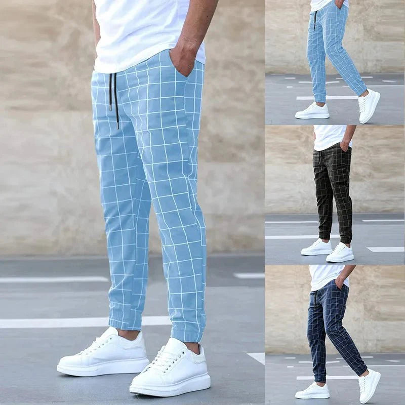 Men's plaid slim fit sweatpants with side stripes, mid-waist design, casual style, suitable for summer and work.