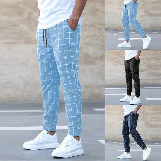 2024 New Fashion Men Pants Mid Waist Slims Fit Male Sweatpants Plaid Checkered Side Stripe Trousers Summer Work Casual Pants - SHOWLU FASHION STORE