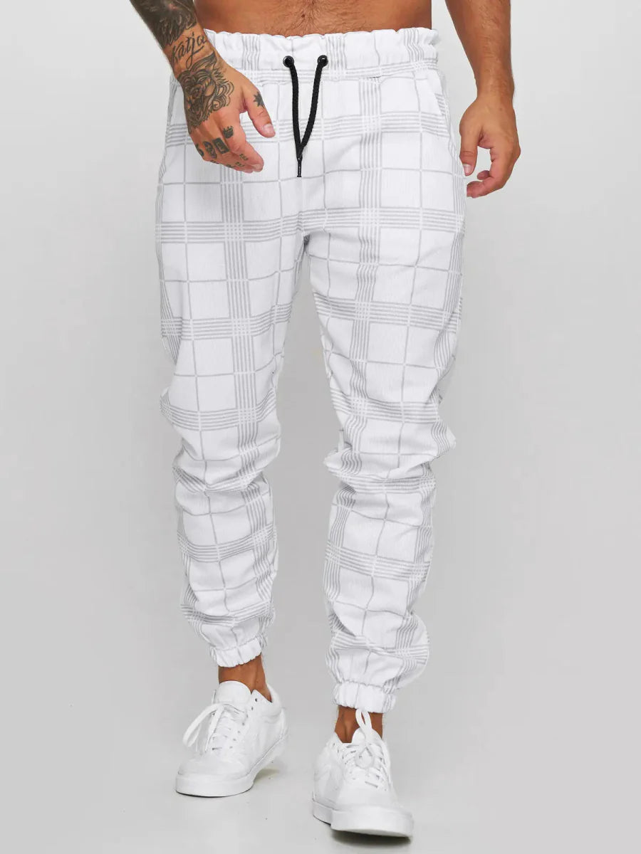 Men's plaid slim fit sweatpants with side stripes, mid-waist design, casual summer trousers from Showlu Fashion.