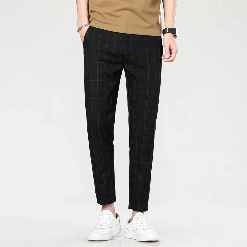 Men's plaid slim fit sweatpants with side stripes, mid-waist casual trousers by Showlu Fashion for summer and casual wear.