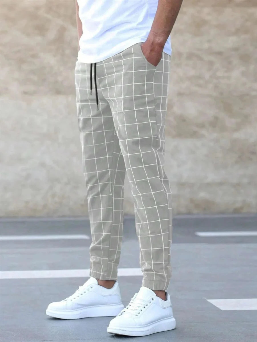 Men's plaid slim fit sweatpants with side stripe, mid-waist casual trousers from Showlu Fashion, suitable for summer and work.