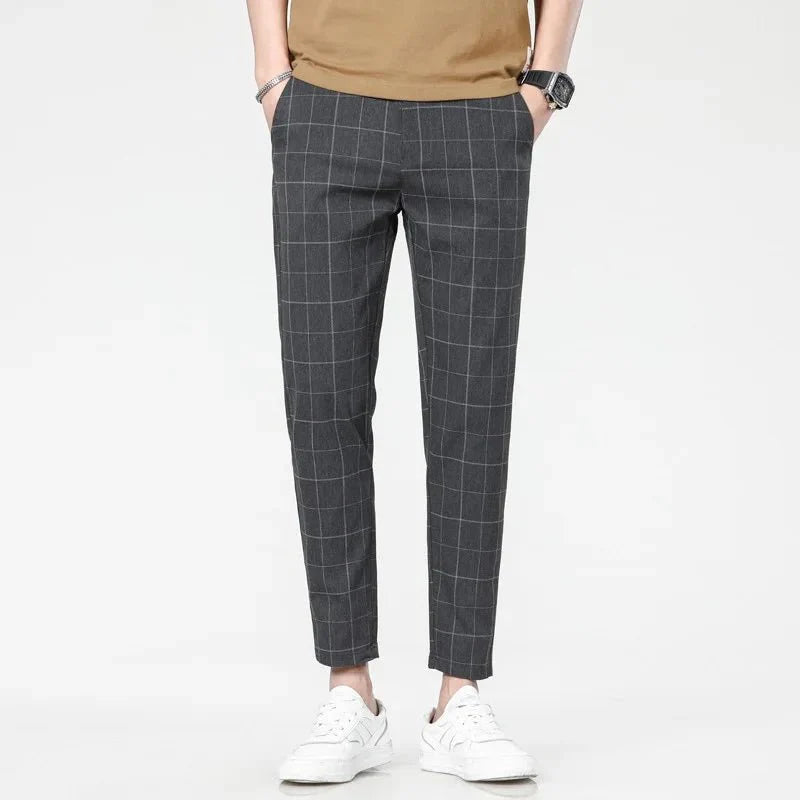 Men's plaid slim fit sweatpants with side stripe detail from Showlu Fashion, featuring mid-waist design and casual summer style.